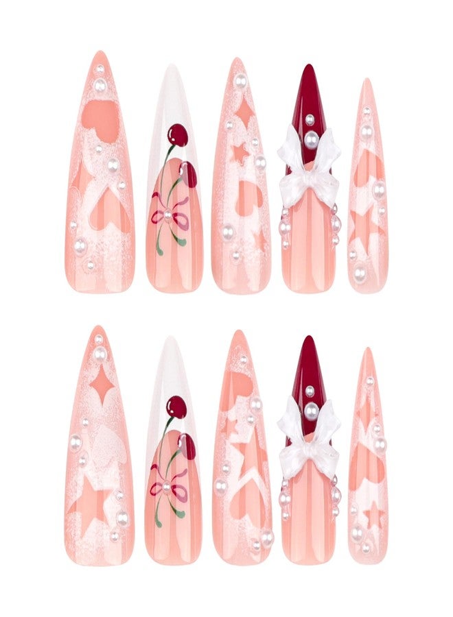 CTTHNBD Long Press Stiletto Pink False French Tip Acrylic Nails with 3D Bow Cherry Design Glue on Heart Star Full Cover Stick on Nails for Women Manicure 24Pcs - Image 5